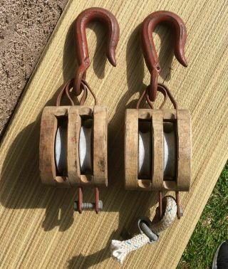 Pair Vintage Antique Anvil Logo Block And Tackle Double Pulleys Rigging Sailboat