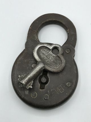 Vintage Eagle Six Lever Padlock Lock W Key 3 1/8” Early 1900 