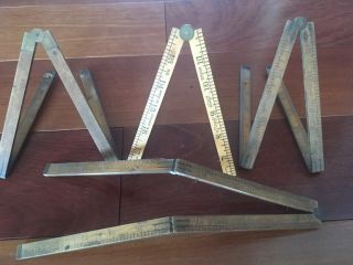 Antique Wooden Folding Ruler Brass And Wood