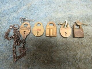 5 Old Brass Miniature Padlock Lock 3 W/key Wheel,  Tower & Lyon,  Corbin,  Mail N/r