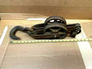 A Vintage Large & Heavy Iron Pulley - Double 6 " Wheels - Farm Barn Industrial