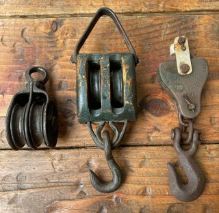 3 Vintage Pulleys Metal Wood Block And Tackle Parts Hay Hook Pulley System Pully