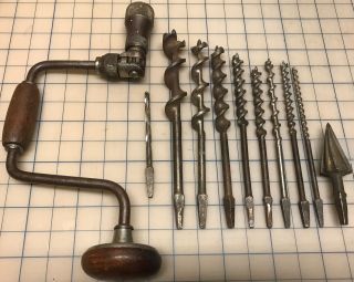 Vintage Antique Gambles Extra Hand Crank Brace Bit Drill - 10 Auger Bits See Desc
