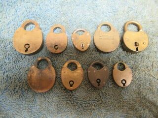 9 Old Different Unusual Brass Miniature Padlock Lock N/r