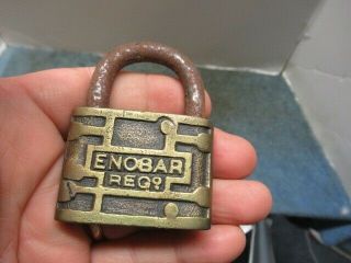 Very Unusual Old Brass Logo Padlock Lock Enobar Reg 1913.  N/r