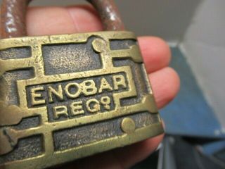 Very unusual old brass logo padlock lock ENOBAR REG 1913.  n/r 2