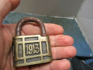 Very unusual old brass logo padlock lock ENOBAR REG 1913.  n/r 3