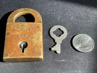 Rare Vintage / Antique Chicago 3 - Lever Padlock With Key