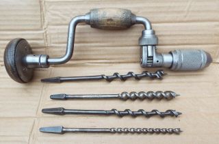 Vintage Stanley Woodwork 5 Inch Sweep Ratchet Brace No.  40 And Four Auger Bits