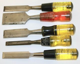 (5) Plastic Handle Chisels: (2) Buck Brothers - Stanley - Wards / Vintage Tools