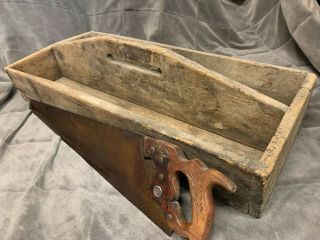 Vintage Antique Large Wooden Carpenter Tool Box Carrying Caddy Case With Tools.