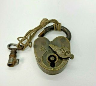 Antique Brass Heart Shaped Padlock With Key Great Mini Size 1.  25 "
