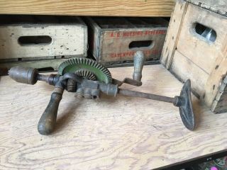 Antique 2 Speed Lakeside Cast Iron Hand Crank Drill Wood Handle Brace Usa Gears