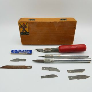 Early Vintage X - Acto Knife Set Blades Old Iconic Wood Dovetail Box Xacto