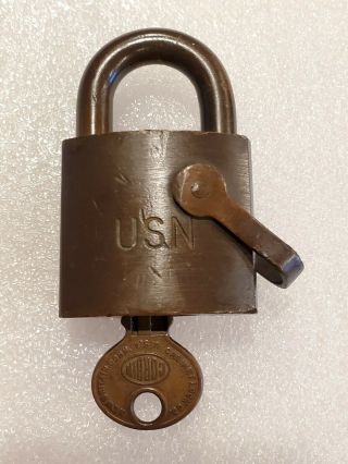 Vintage Brass Usn Military Padlock With Key Corbin Lock Co.  Britain Ct.