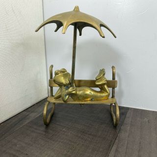 Authentic Brass Frog Figures On Bench Under Umbrella Vintage Rare Ornament