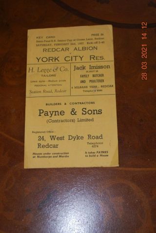 Rare Redcar Albion V York City Reserves 2 February 1957