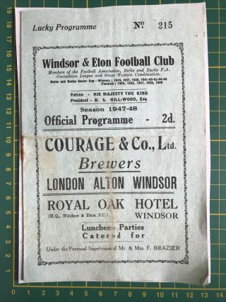 Rare Windsor & Eton V Wallingford Town Fa Amateur Cup 2nd Round 1947 Programme
