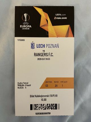 Very Rare Lech Poznan V Rangers Uefa Europa League Ticket - 10th December 2020