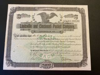 1906 Louisville & Cincinnati Packet Co.  Stock Certificate Rare Louisville Ky