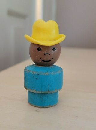 Whoops/rare Vintage Fisher Price Little People Wood Turquoise Blue Aa Boy/cowboy
