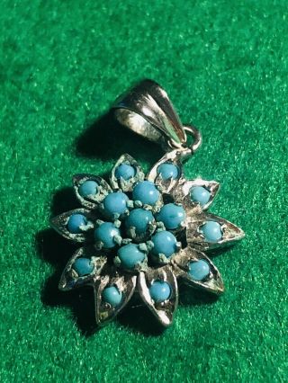 Antique Silver Floral Pendant & Natural Turquoise Stones Rare Collectible 1900s