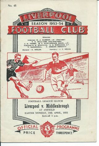 Rare Official Liverpool V Middlesbrough 19/4/1954 1953/54 Season Division1