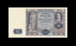 1936 Poland 20 Zlotych Banknote Rare " Ah " ( (gem Unc))