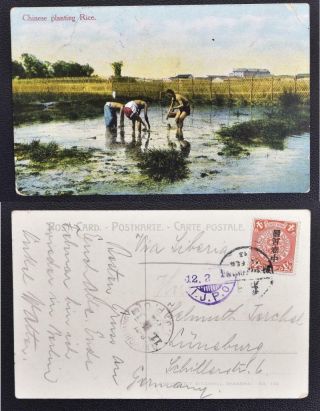 China Via Japan Post Office To Germany 1913 Rare Rice Planting Pic Ppc Newchwang