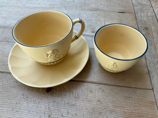 Rare Wedgwood Yellow Cane Jasperware Cherub Teacup/saucer And Small Cup