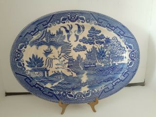 Rare Antique Vintage Oval Serving Platter Blue And White,  Made In Occupied Japan