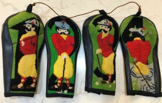 Vintage Golf Club Headcovers Hand - Stitched Needlepoint Unusual Rare Hard To Find