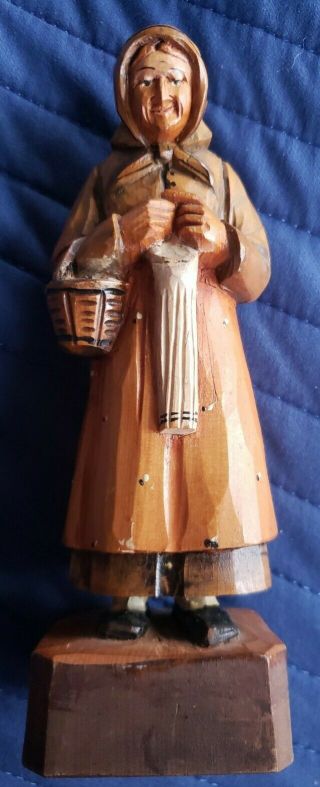 Rare Vintage Hand Carved Wooden Swiss Figure Of Woman With A Basket