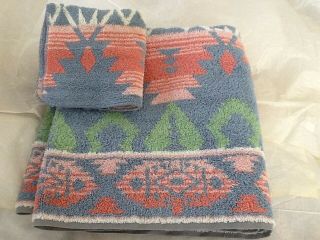 Vtg Ralph Lauren Aztec Southwest Bath Towel & Washcloth Green Blue Pink Rare