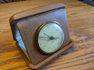 Antique Art Deco Large Florn Alarm Travel Clock Folding Brown Case Windup Rare