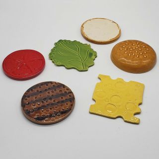 Vintage Rare 6 pc Coasters Ceramic Deli Picnic Summer Cheeseburger Hamburger Set 3