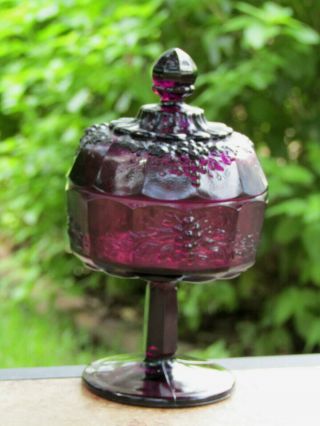 Vintage L G Wright Amethyst Grape Paneled Rare Compote with Lid 3