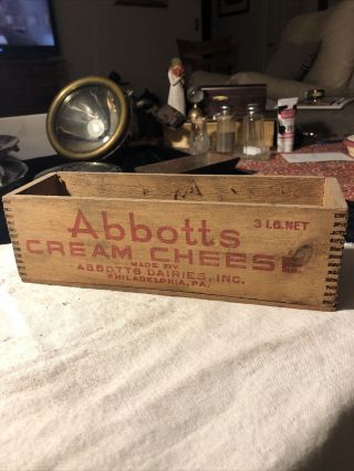 Rare Vintage Abbotts Wood Cream Cheese Crate With Dovetail Edges; 3 Pounds