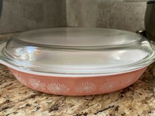 Rare Vintage PYREX PINK DAISY - 1.  5 QUART OVAL CASSEROLE DISH WITH LID 3