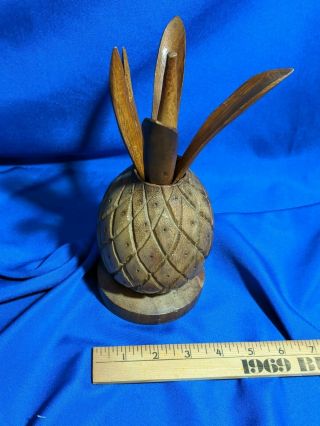 Mid Century Modern Hand Carved Wood Sculpture Pineapple Stem Leaves Rare