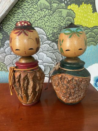 Japanese Kokeshi Dolls Vintage Handmade Wooden Japan Rare Bobble Head Set Of 2