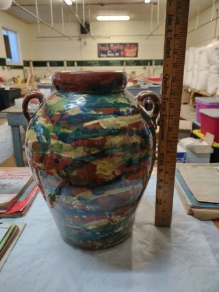 Rare Very Large Marbleized Peters And Reed Pottery 15 " Tall Handled Oil Jar