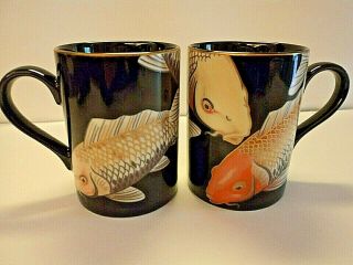 Rare Fitz And Floyd Koi Pond 1989 - 1991 Fine Porcelain Japan Set Of 2 Mugs Cups