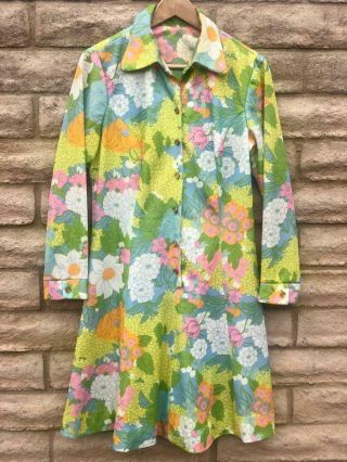 Rare Vtg 70s Womens Floral Print Disco Polyester Mod Hippie Secretary Work Dress