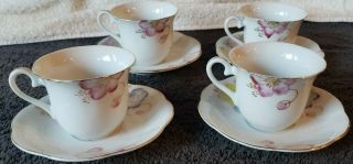 Set Of 4 Pastel Floral Design Teacups & Saucers Made In Occupied Japan Rare