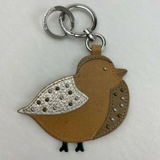 Rare Mz Wallace Brown Silver Studded Leather Bird Charm Tag Keychain