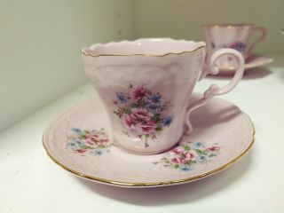 Pink Porcelain Leander Cup & Saucer Decorated With 14 Gold 1946.  Rare