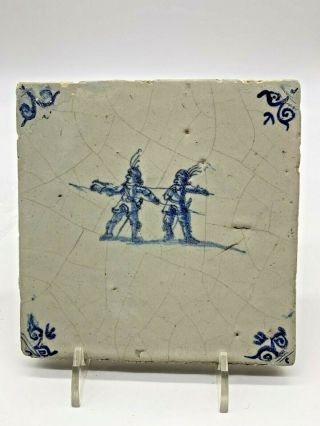 17th Century Very Rare Delft Hand Painted Delftware Tile The Dualists