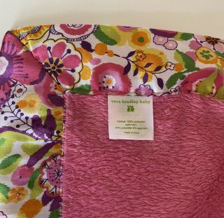 Rare Vera Bradley Baby Blanket Pink Clementine Satin Edge Trim flowers 35”x29” 3