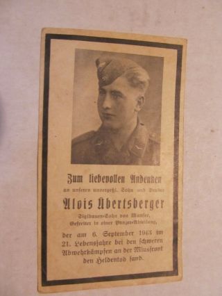 Rare Wwii German Death Card,  Panzer /luftwaffe Soldier,  Kia Finland